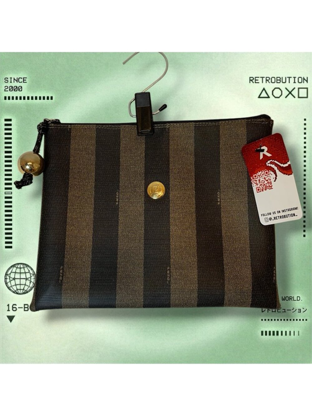 Vintage 90s Fendi Striped Clutch Hand Bag Brown